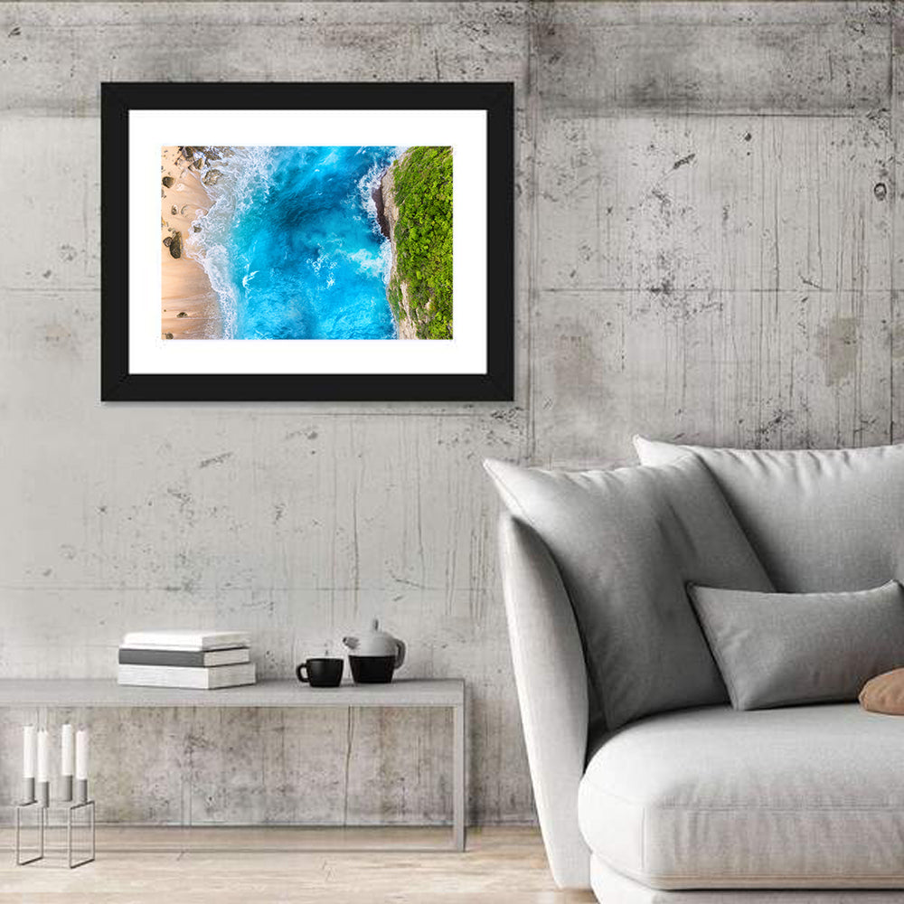 Aerial Turquoise Beach Cliffs Wall Art in a room, landscape