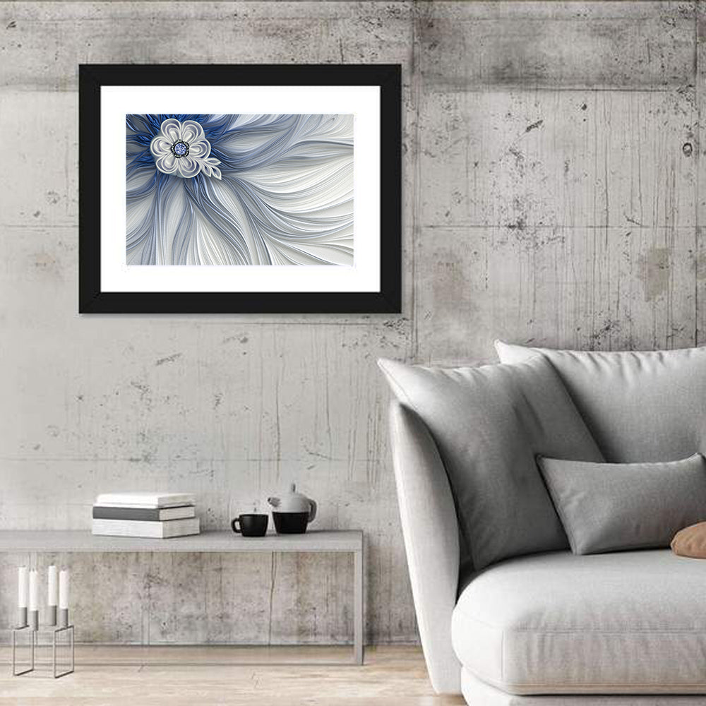 Fractal Flower with Blue Crystal Wall Art in a room, landscape