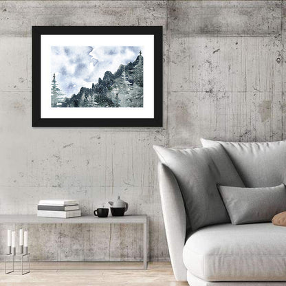 Snowfall Mountain Forest Illustration Wall Art