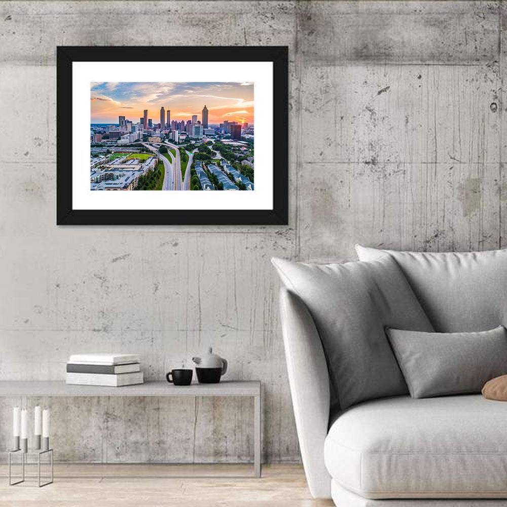 Downtown Atlanta Skyline Wall Art in a room, landscape