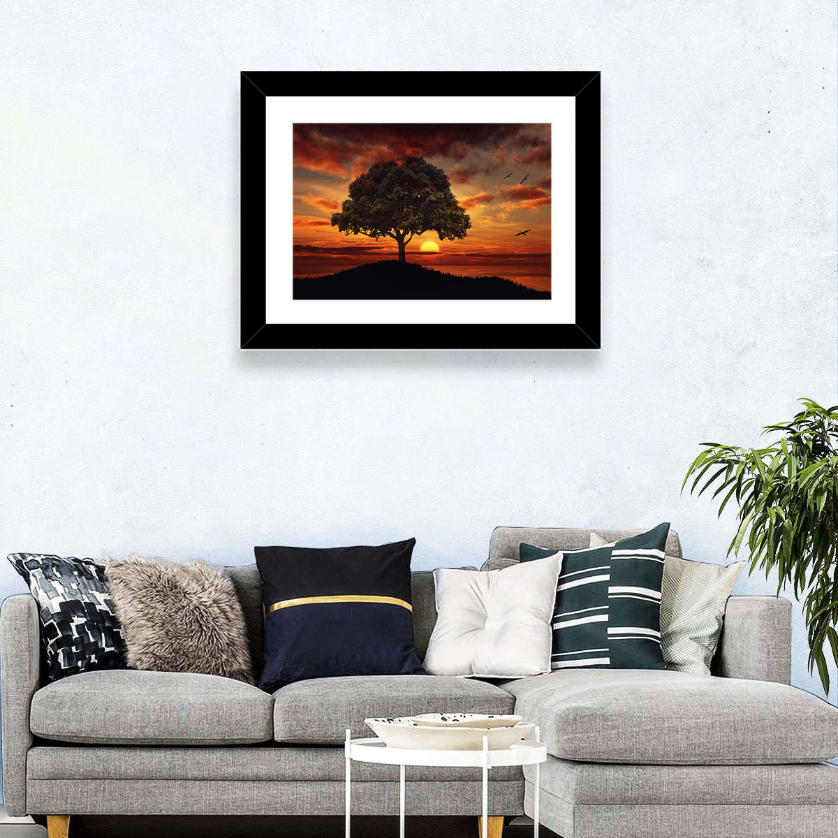 Lone Tree at Sunset with Birds Wall Art in a room, landscape