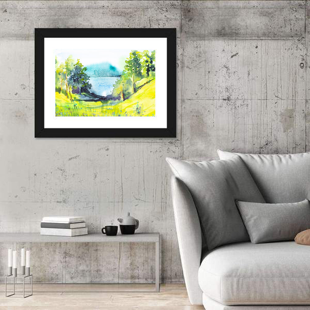 Summer Lakeside Forest Illustration Wall Art