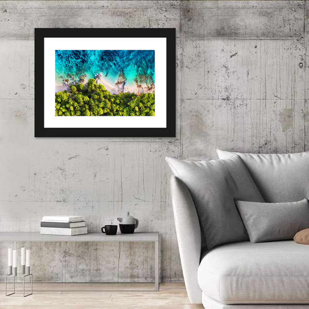 Croatian Turquoise Coastline Wall Art in a room, landscape