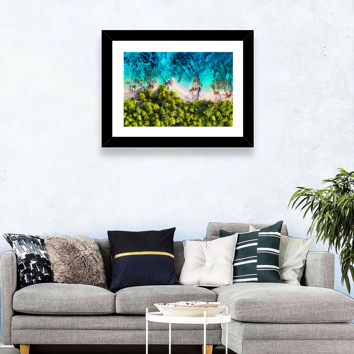 Croatian Turquoise Coastline Wall Art in a room, landscape