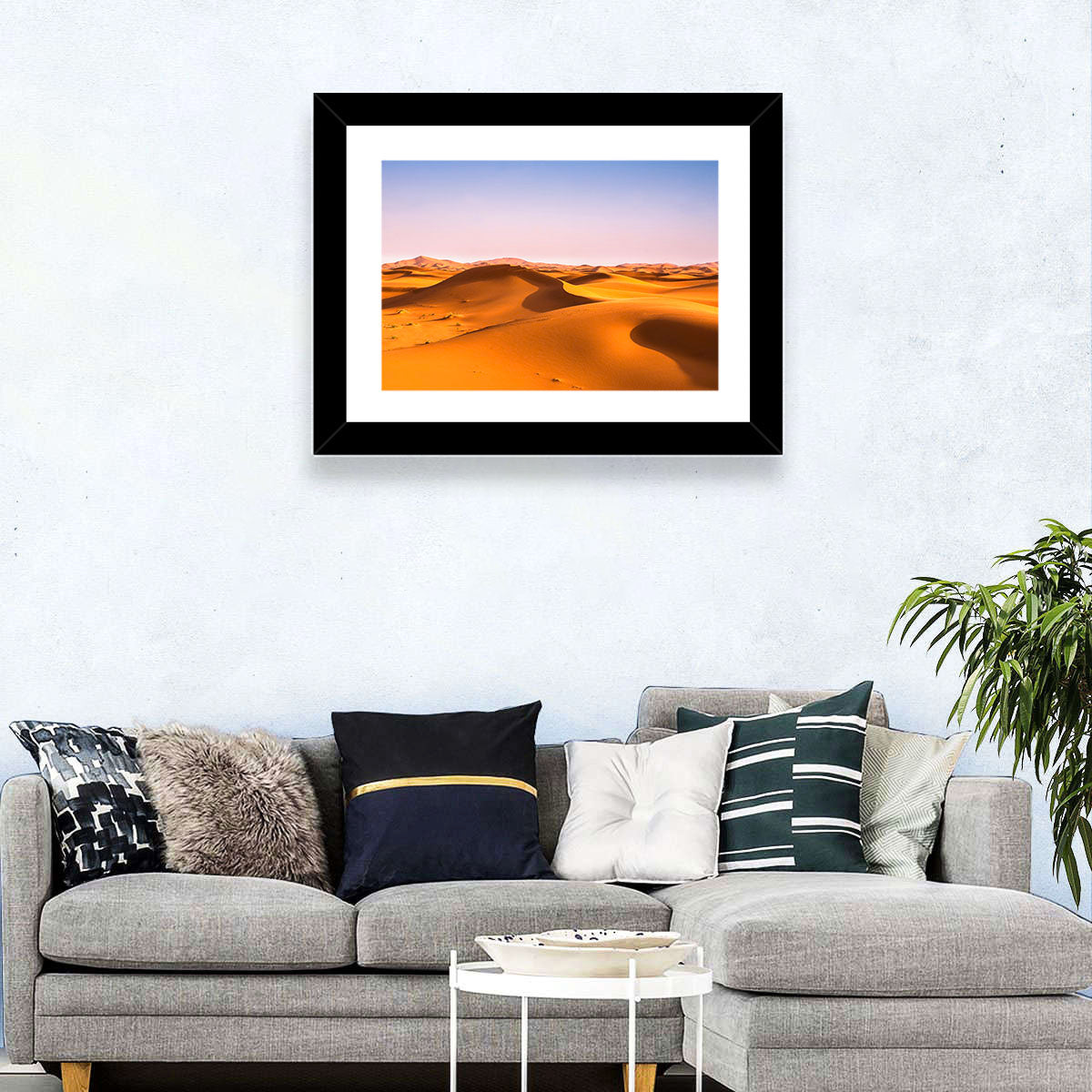 Golden Sahara Dunes Wall Art in a room, landscape