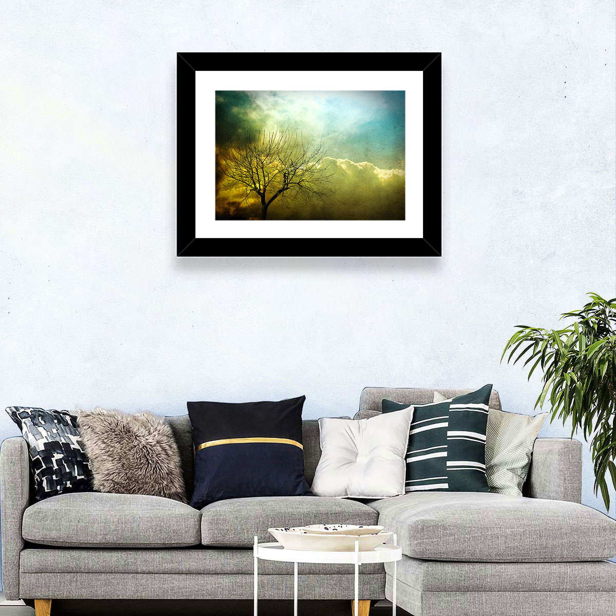 Moody Winter Tree Landscape Wall Art in a room, landscape