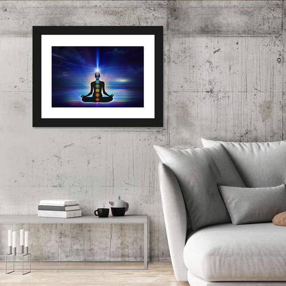 Lotus Pose with Chakra Symbols Wall Art in a room, landscape