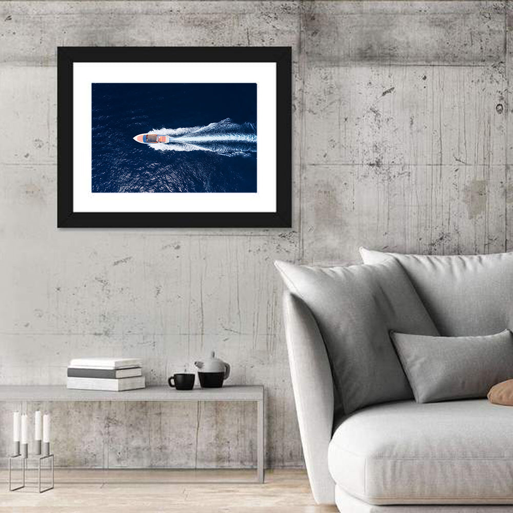 Sleek Speedboat Over Navy Sea Wall Art in a room, landscape