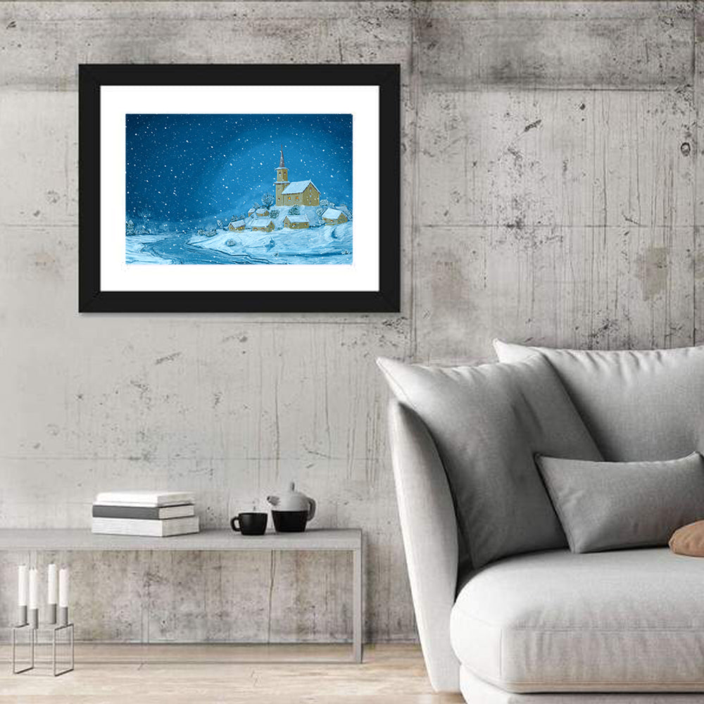 Snowy Village Church at Night Wall Art