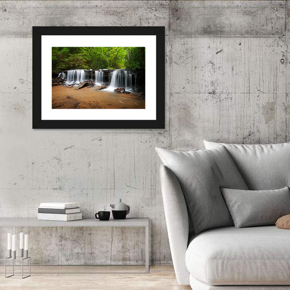 Lush Green Forest Waterfall Wall Art in a room, landscape