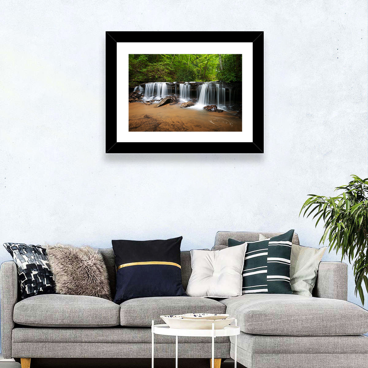 Lush Green Forest Waterfall Wall Art in a room, landscape