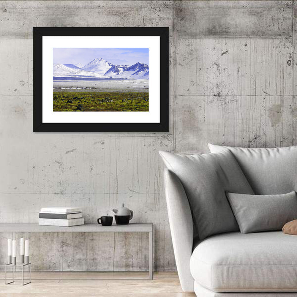 Icelandic Snow and Moss Landscape Wall Art in a room, landscape