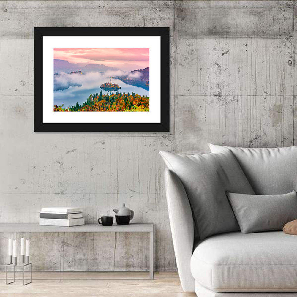 Misty Morning Over Lake Bled Wall Art in a room, landscape