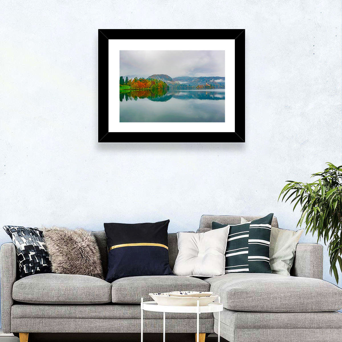 Lake Bled Island Church Wall Art in a room, landscape