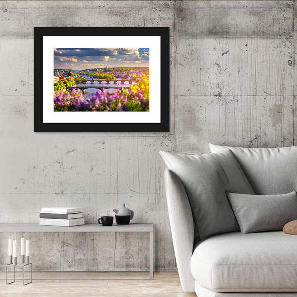 Prague Vltava Bridges in Spring Light Wall Art in a room, landscape