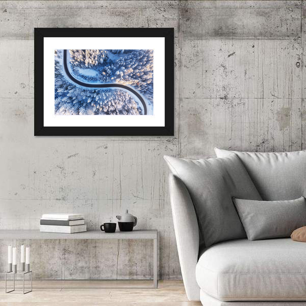 Snowy Forest Road at Golden Hour Wall Art in a room, landscape
