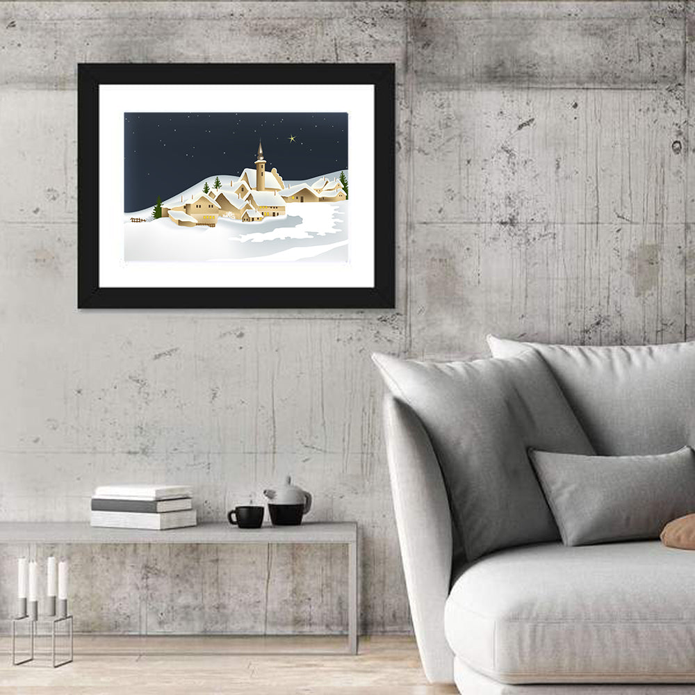 Winter Village Night Illustration Wall Art in a room, landscape