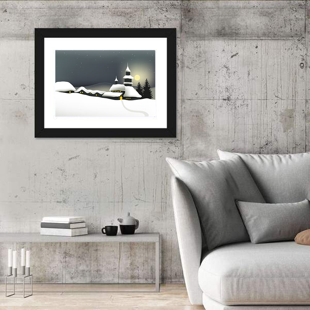 Moonlit Winter Village Illustration Wall Art in a room, landscape