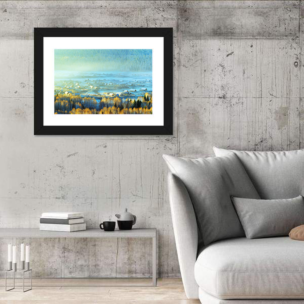 Misty Xinjiang Village Wall Art in a room, landscape