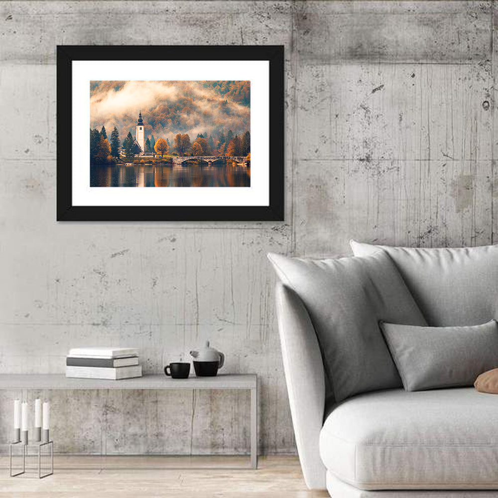 Lake Bohinj Foggy Morning Wall Art in a room, landscape