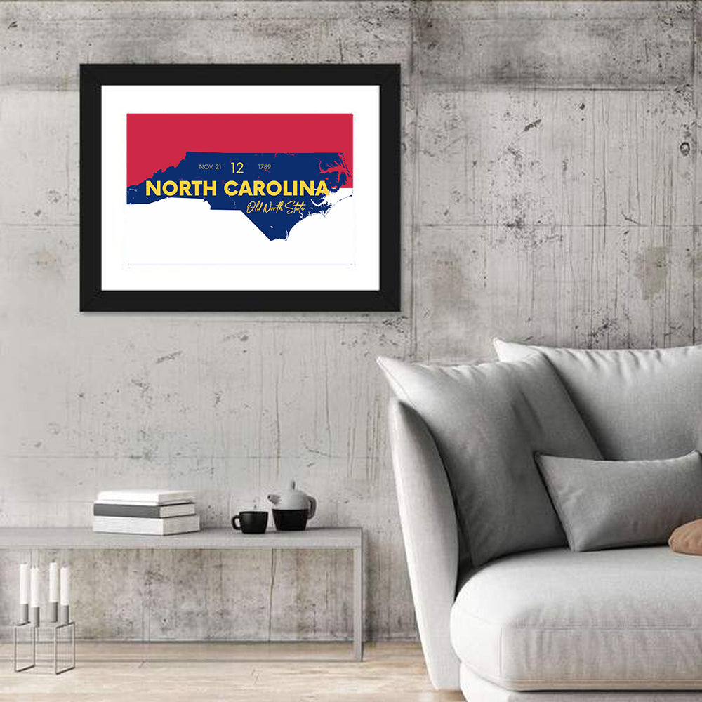 North Carolina Typographic Map Wall Art in a room, landscape
