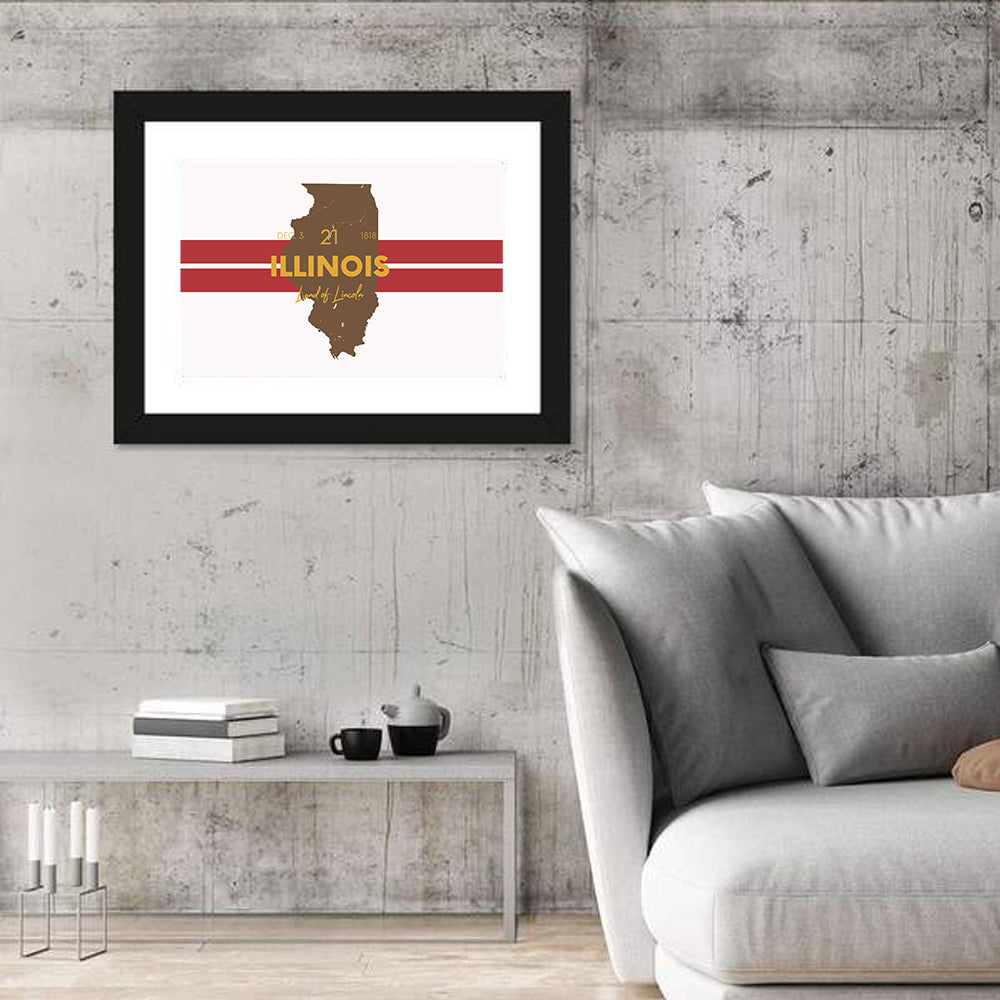 Illinois Map Land of Lincoln Wall Art in a room, landscape