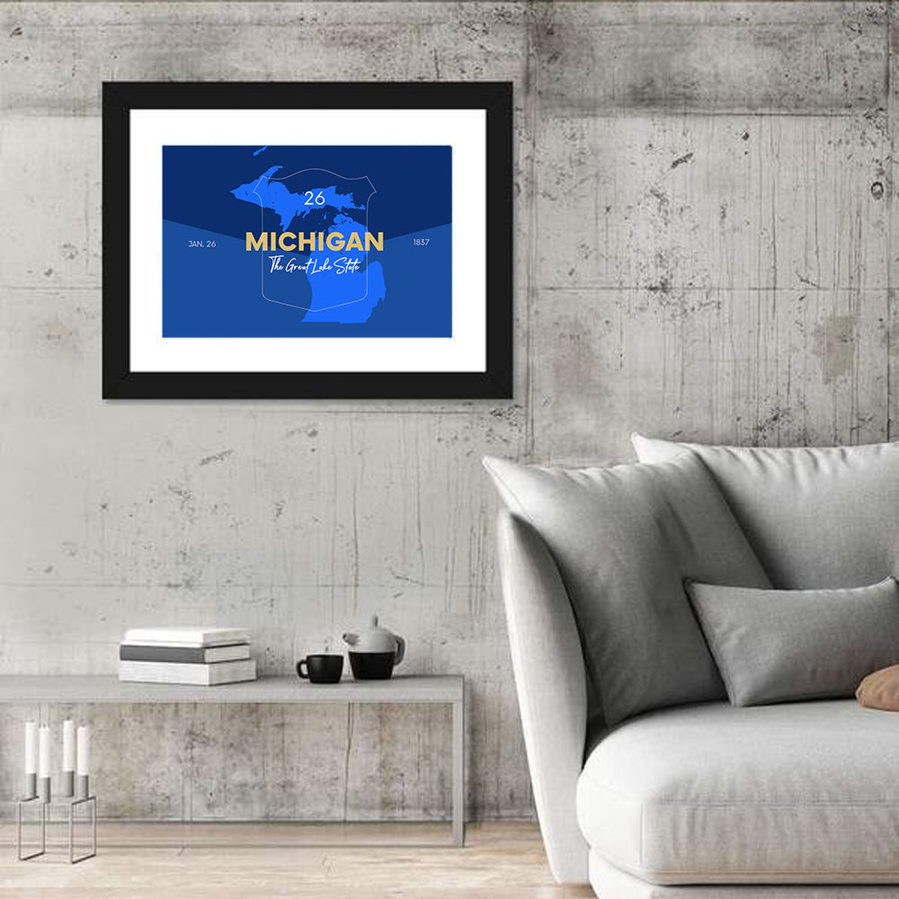 Michigan Shield Map Graphic Wall Art in a room, landscape