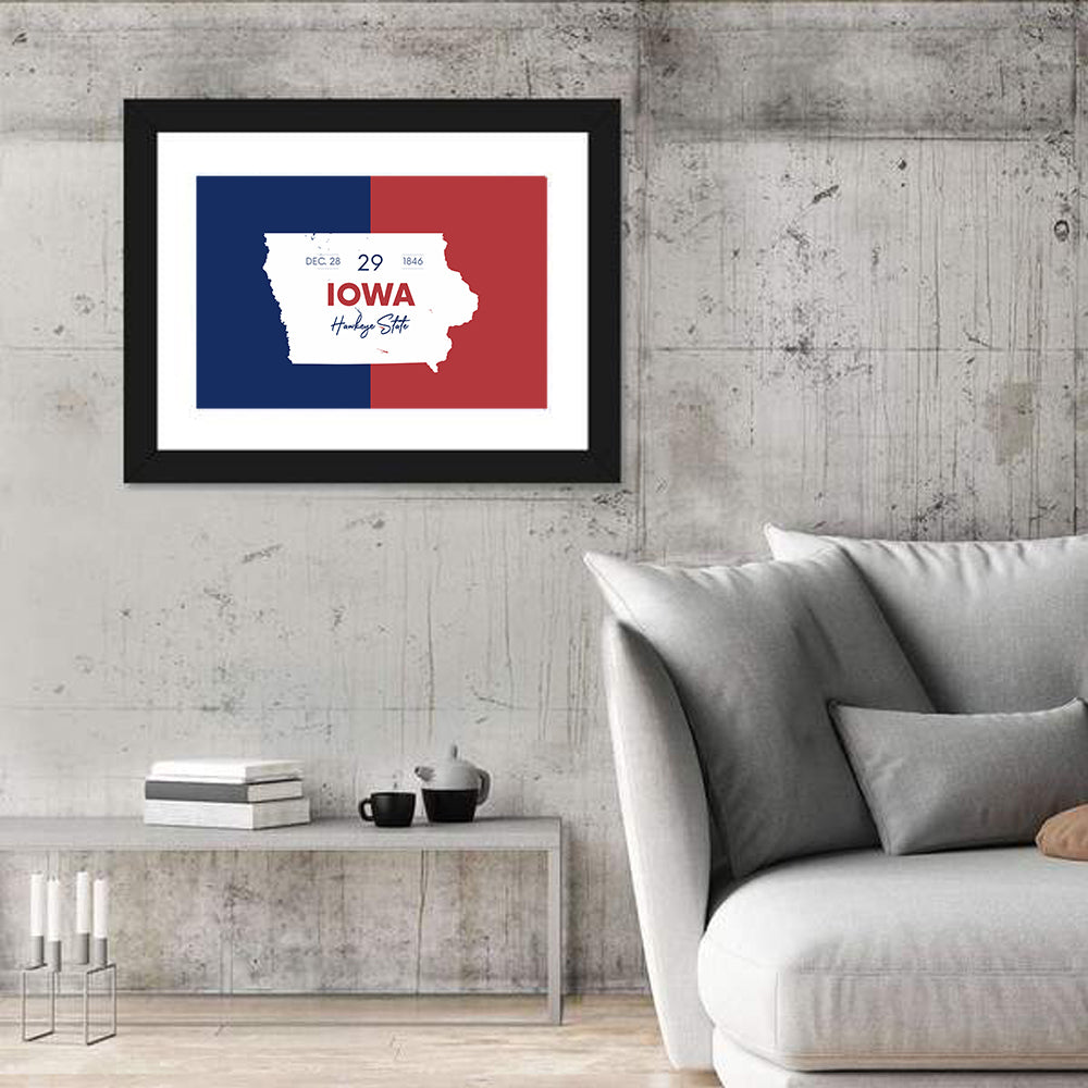 Hawkeye State Map Typography Wall Art in a room, landscape