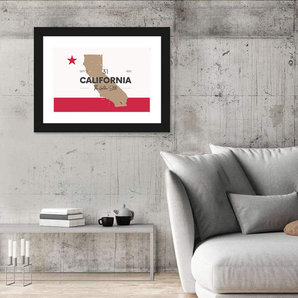 California Map with Red Star Wall Art in a room, landscape