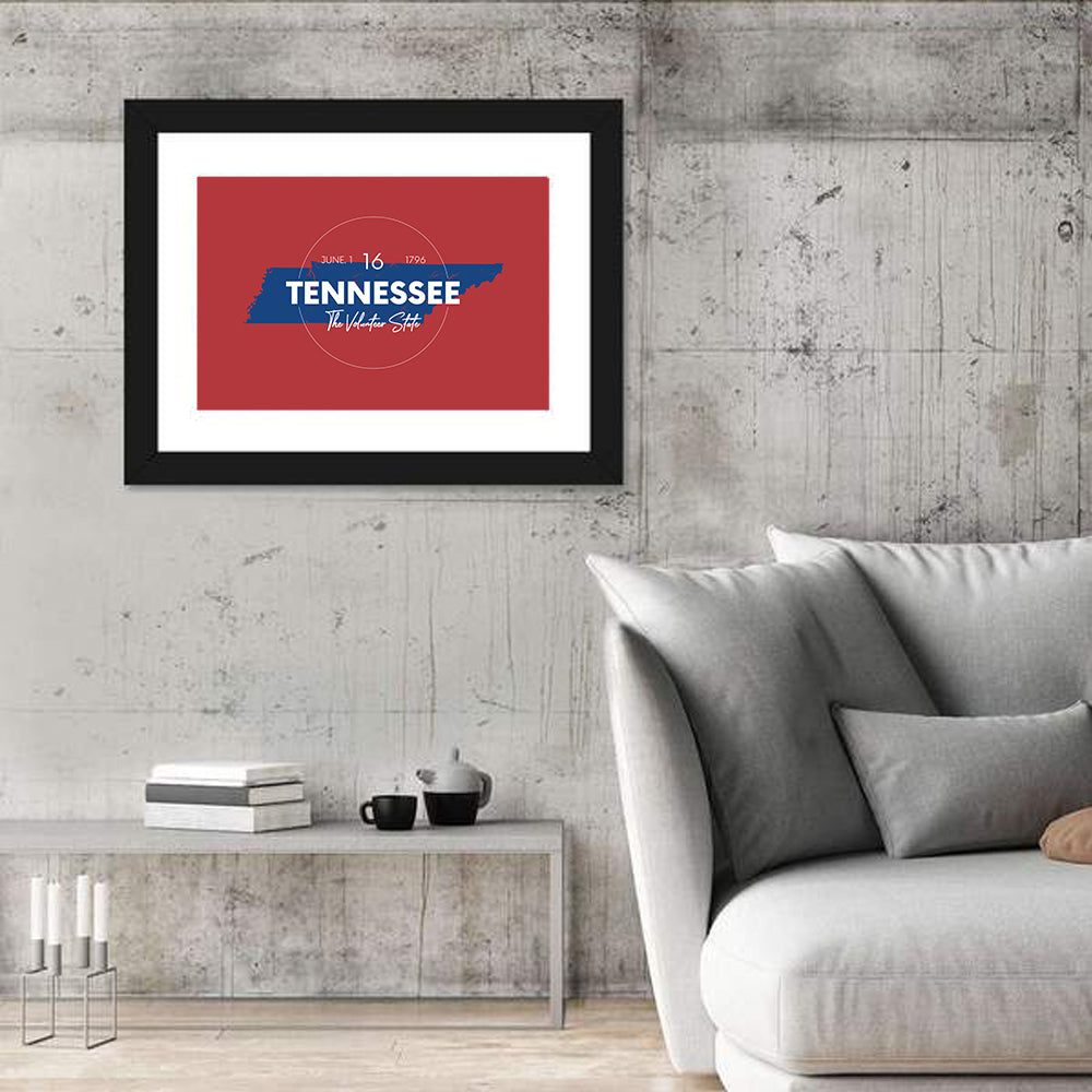 Tennessee Typographic Map Wall Art in a room, landscape