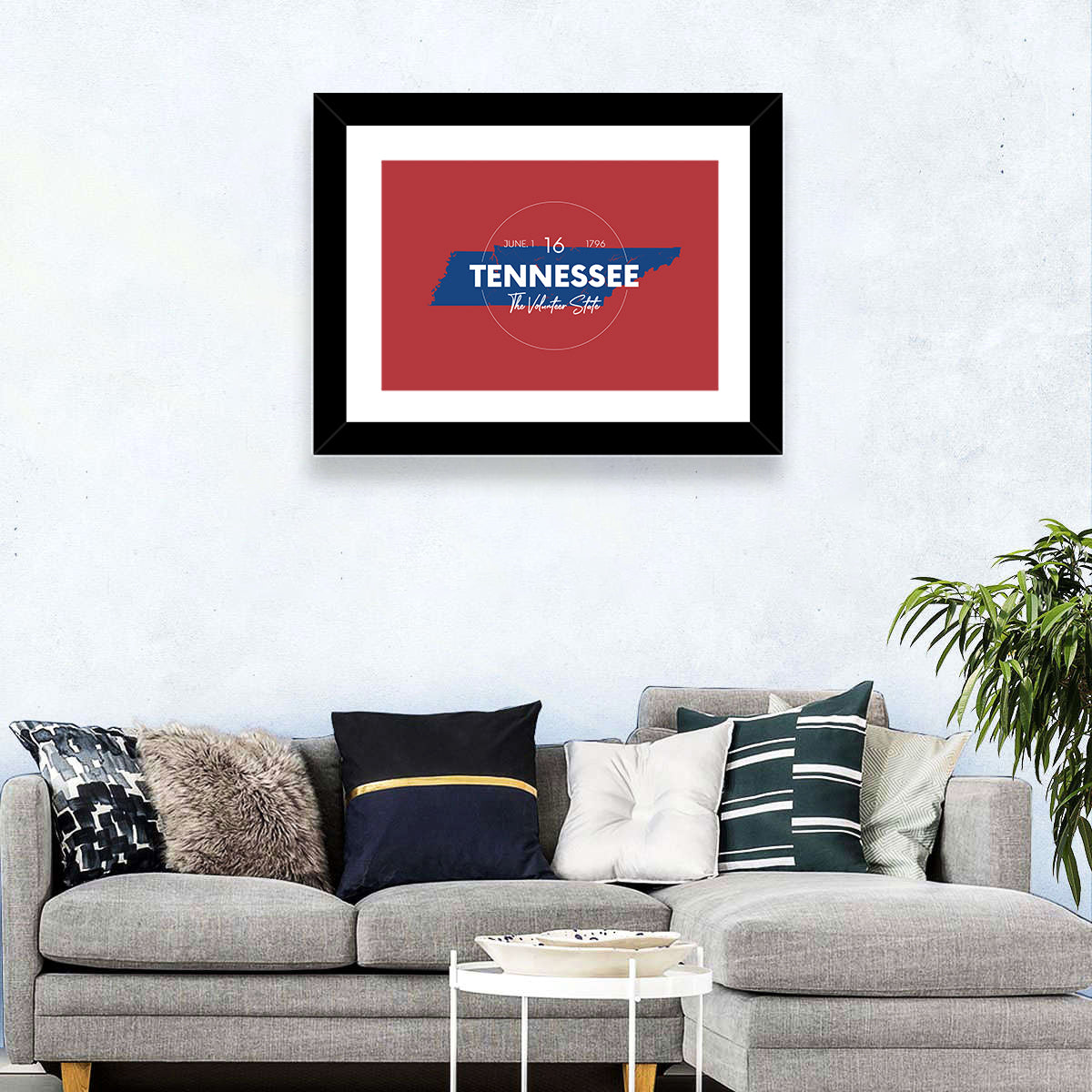Tennessee Typographic Map Wall Art in a room, landscape