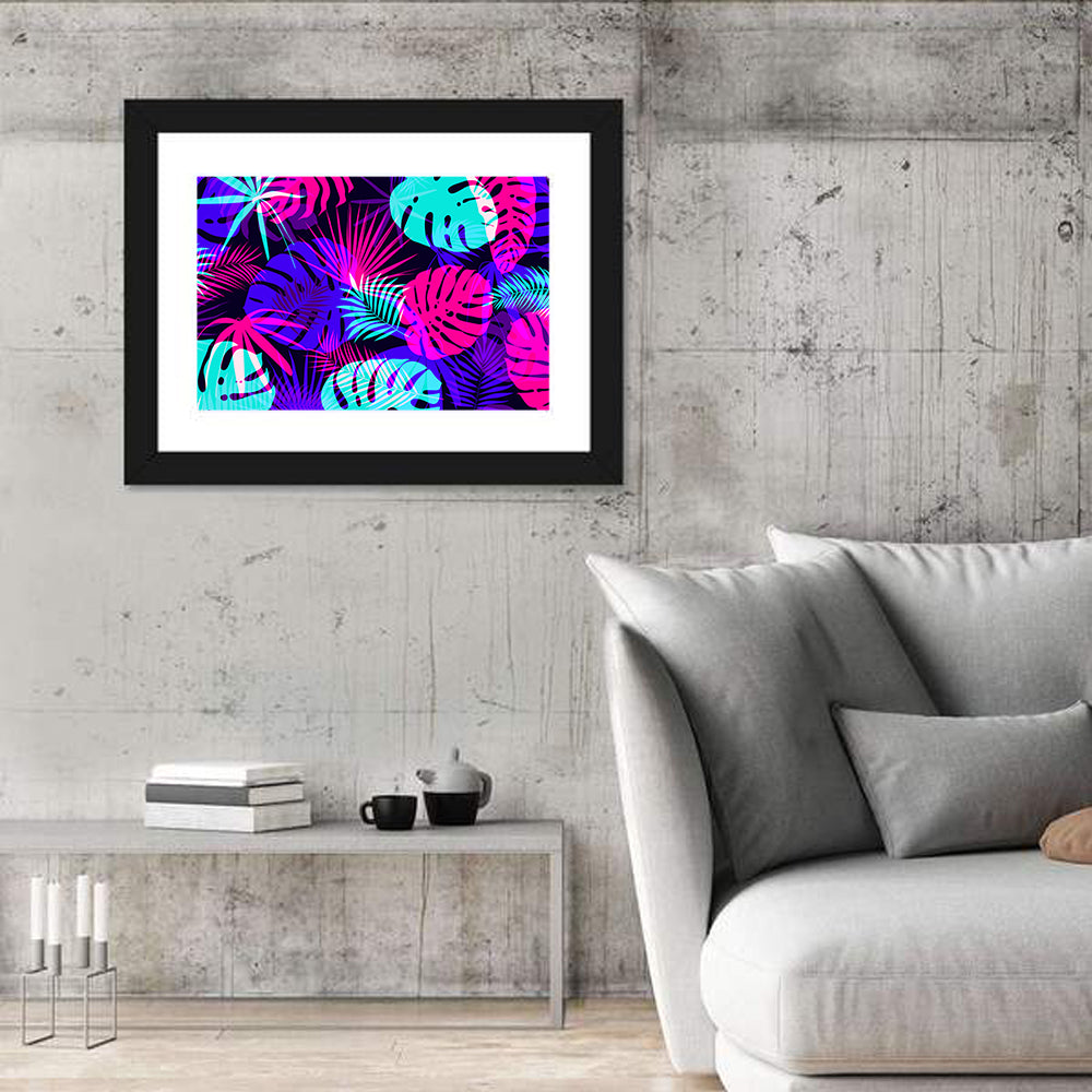 Neon Tropical Leaves Wall Art in a room, landscape