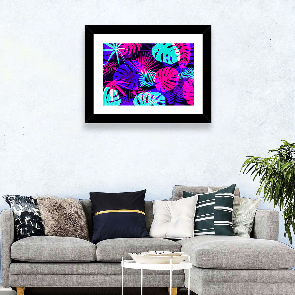 Neon Tropical Leaves Wall Art in a room, landscape