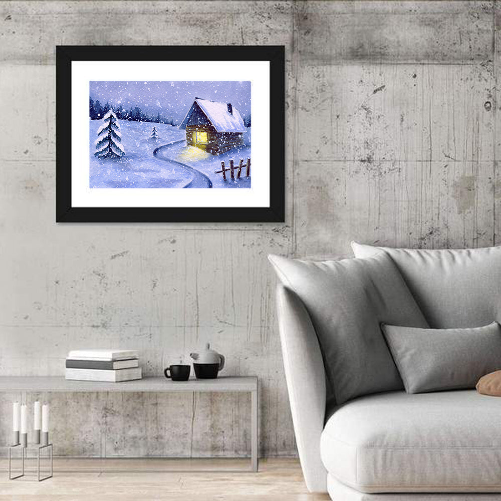 Snowy Log Cabin Night Wall Art in a room, landscape