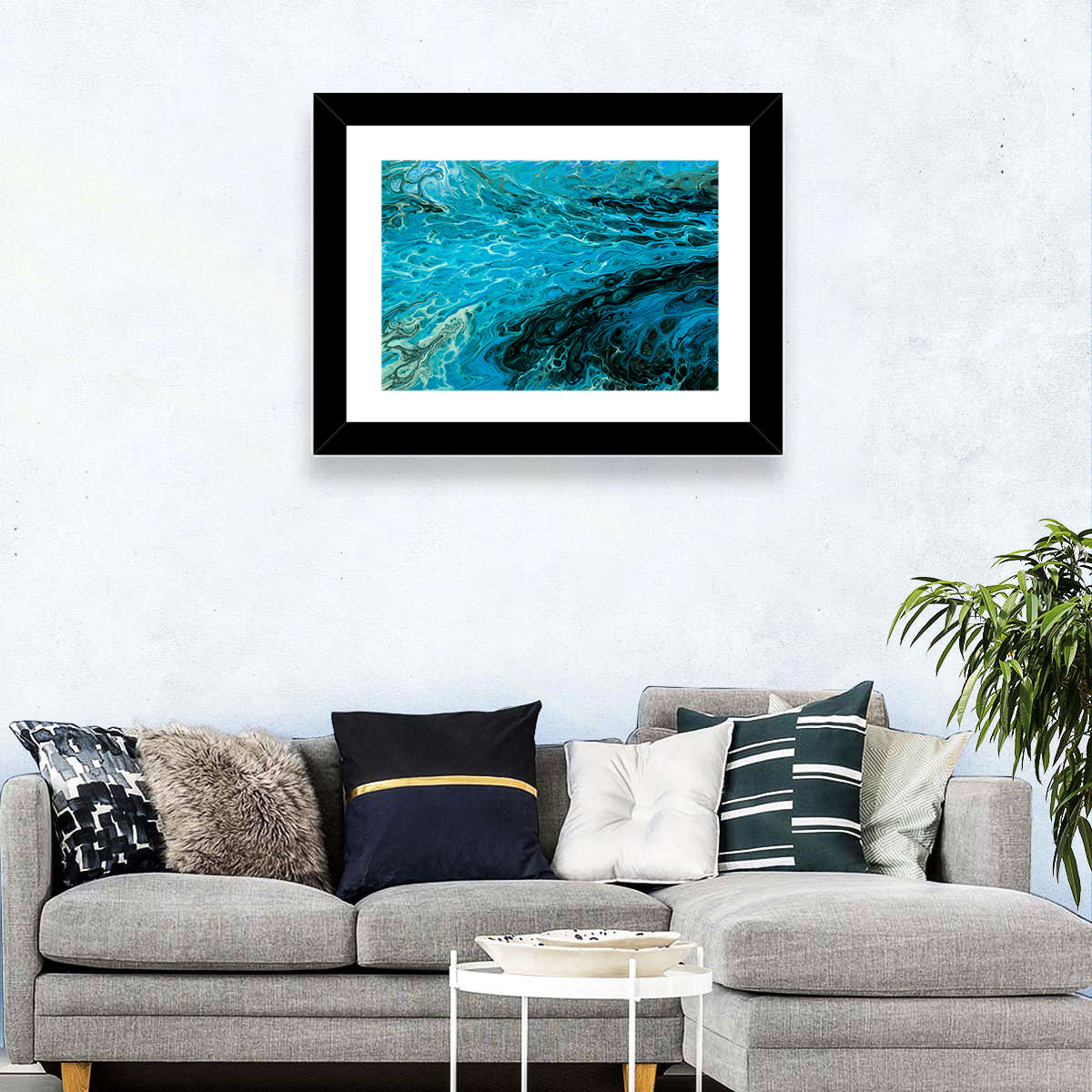 Liquid Marble Blue Abstract Wall Art in a room, landscape