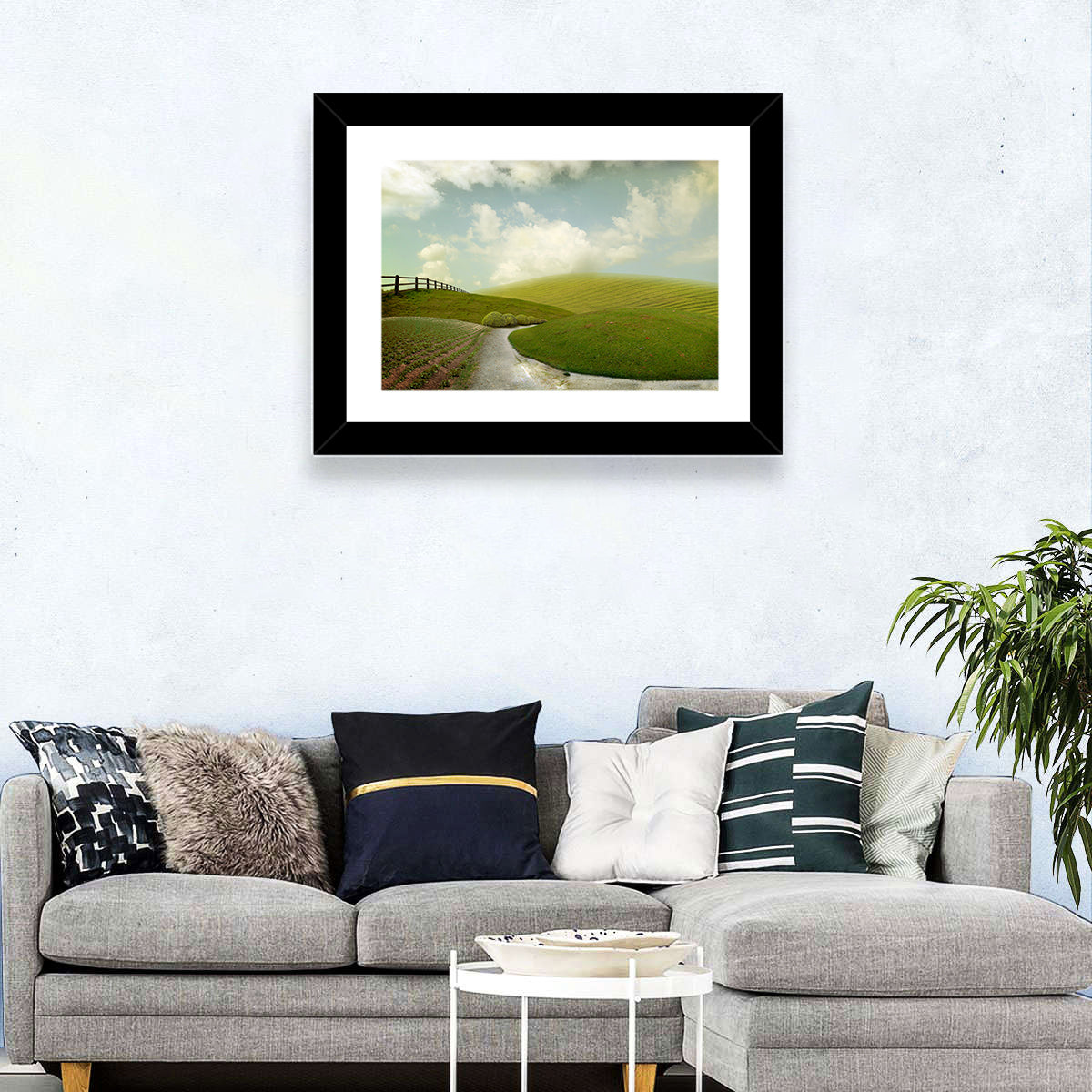 Winding Road Through Rolling Hills Wall Art in a room, landscape