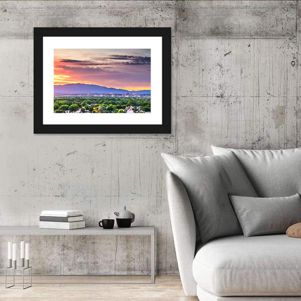 Albuquerque Skyline at Dusk Wall Art in a room, landscape