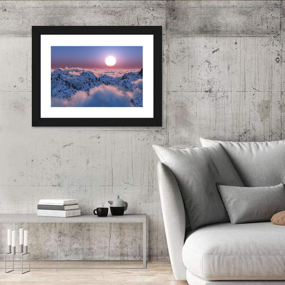 Sunset Above Snowy Mountains Wall Art in a room, landscape