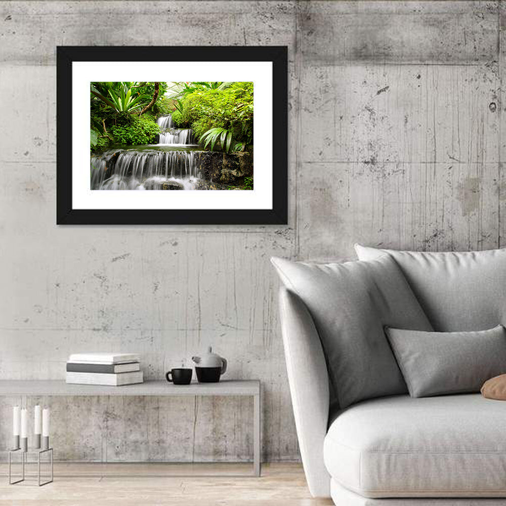 Lush Rainforest Cascade Wall Art in a room, landscape