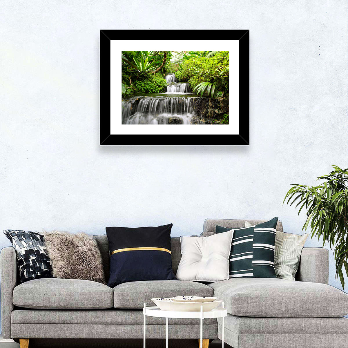 Lush Rainforest Cascade Wall Art in a room, landscape