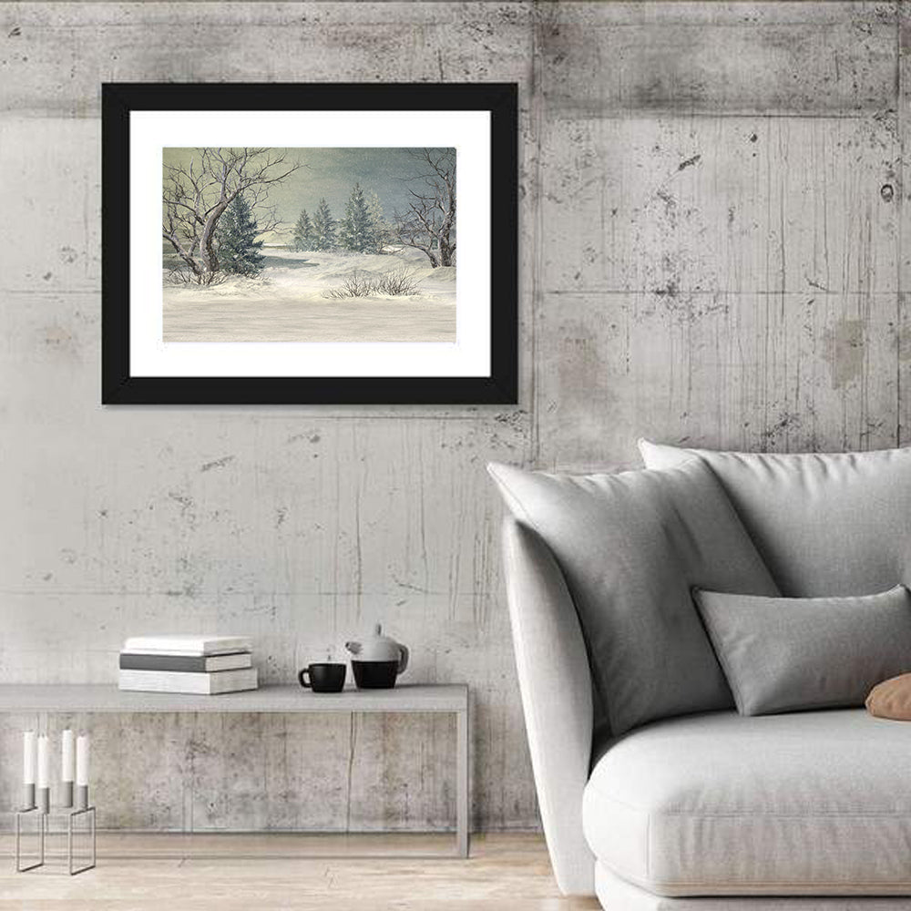 Snowy Forest with Frozen Pond Wall Art in a room, landscape