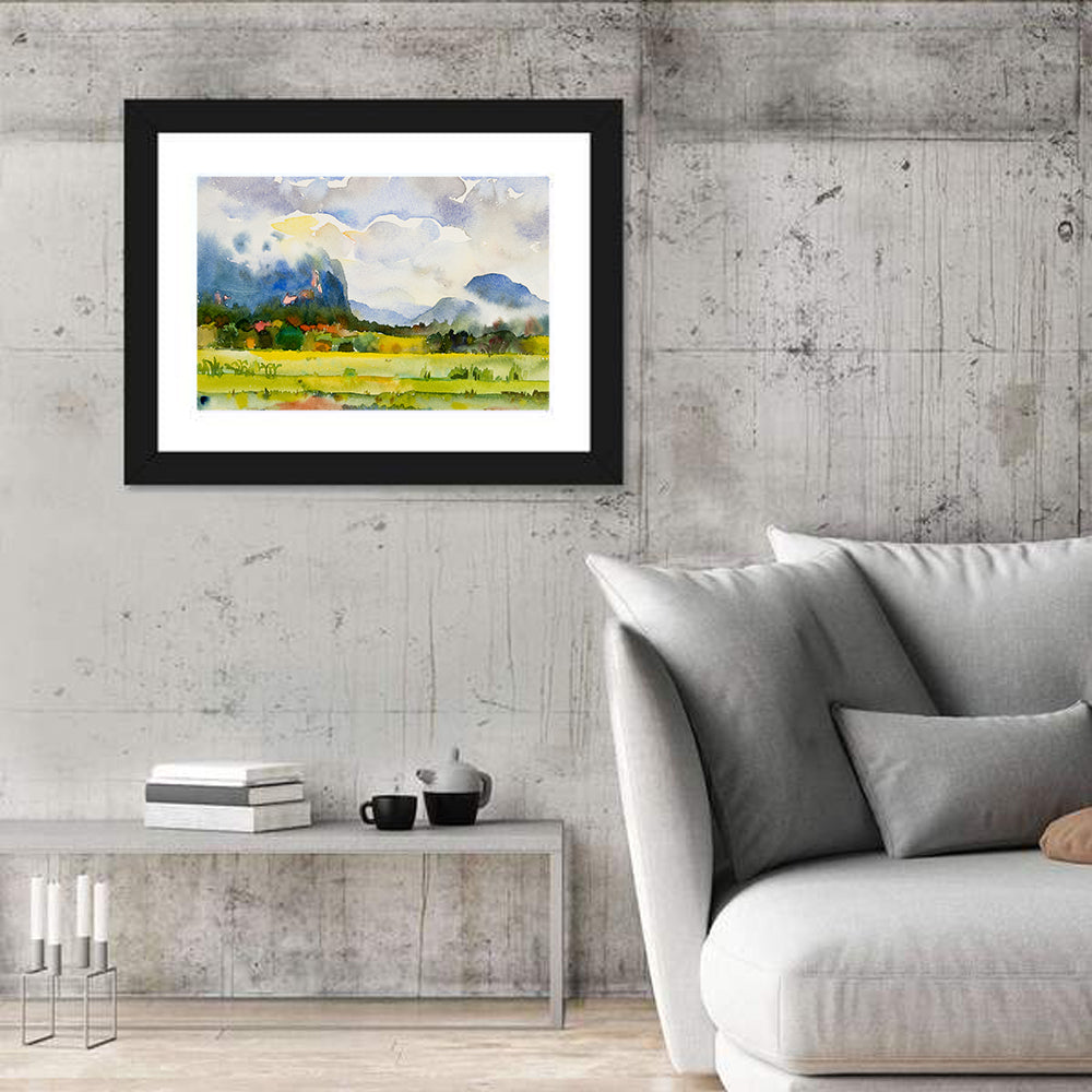 Summer Meadow Watercolor Landscape Wall Art in a room, landscape