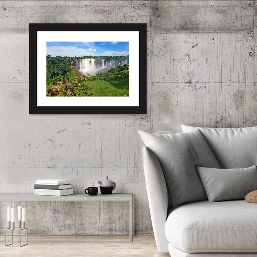 Kalandula Falls and Grazing Donkeys Wall Art