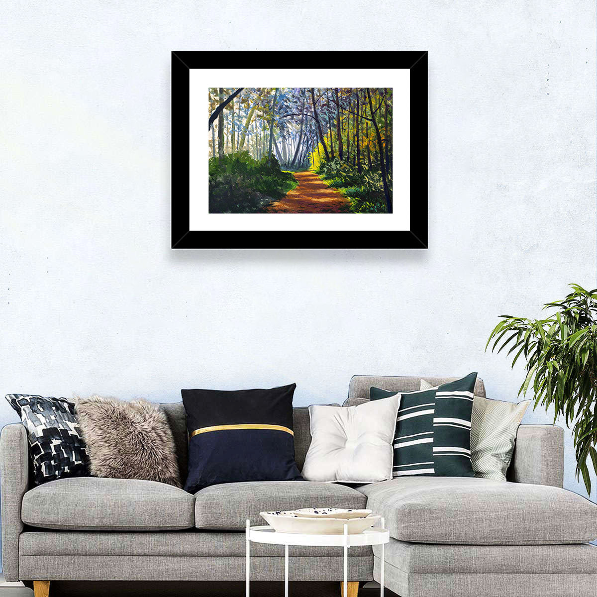 Sunlit Forest Alley Path Wall Art in a room, landscape