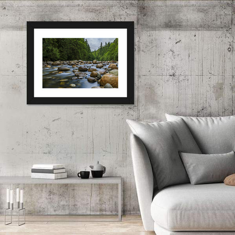Lynn Canyon Riverbed Forest Wall Art in a room, landscape