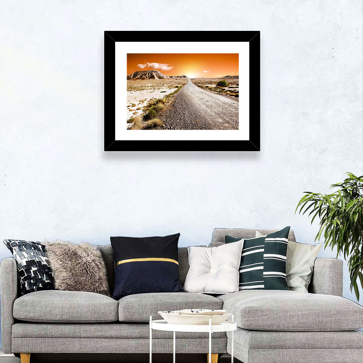 Infinite Desert Road Wall Art in a room, landscape