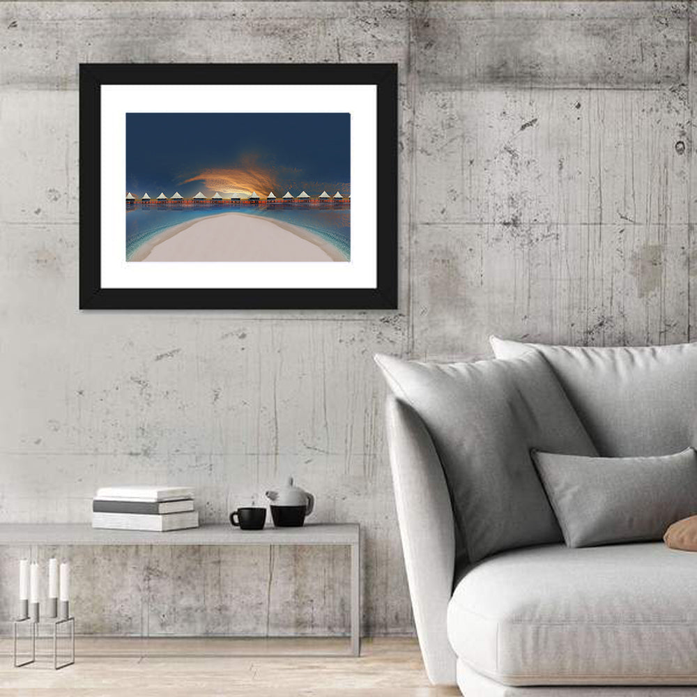 Overwater Bungalows at Golden Dusk Wall Art