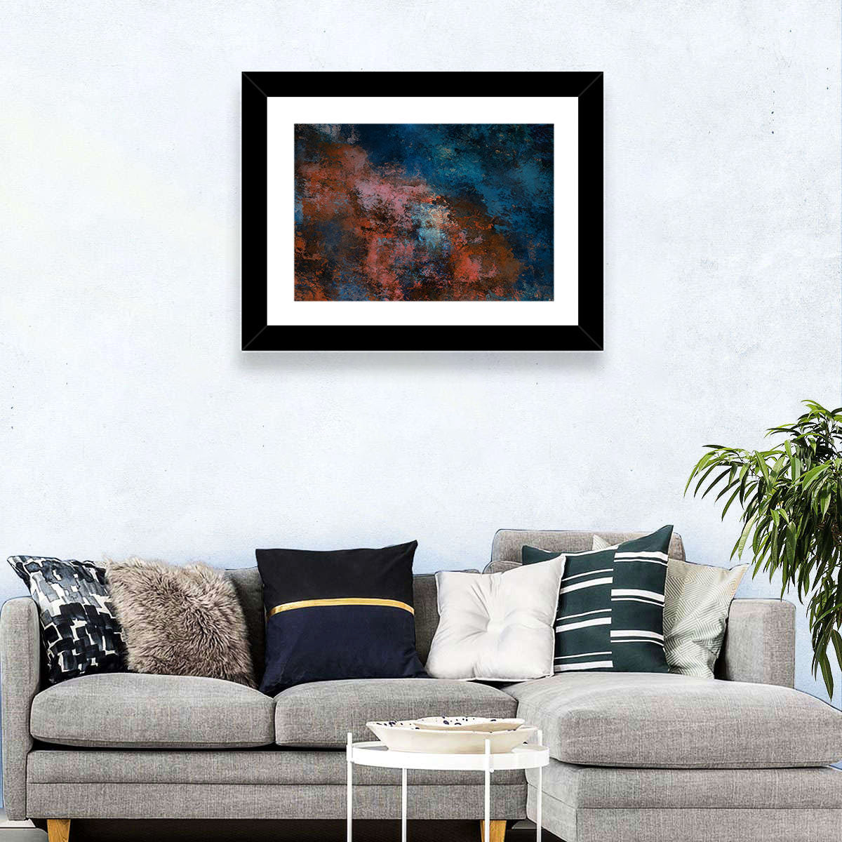 Blue to Rust Color Field Wall Art in a room, landscape