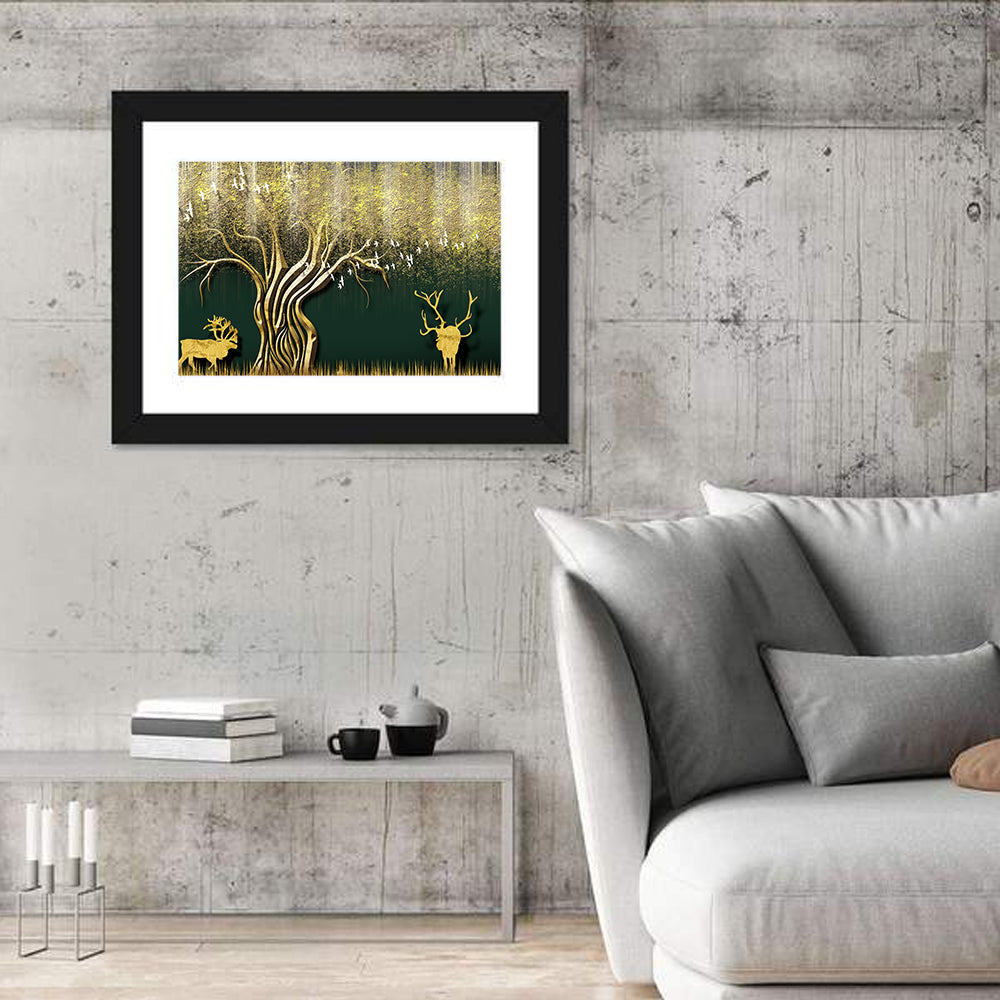 Golden Deer and Tree Illustration Wall Art in a room, landscape