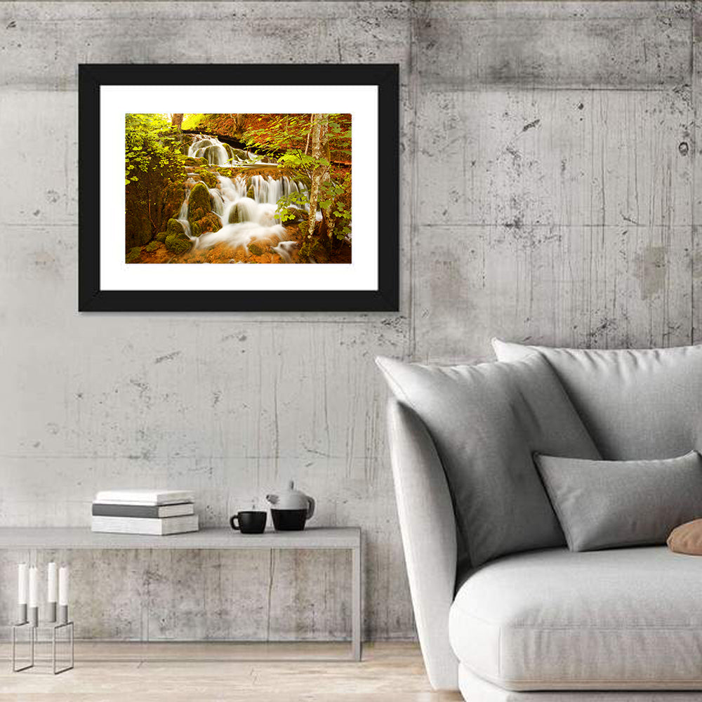 Plitvice Autumn Stream Wall Art in a room, landscape
